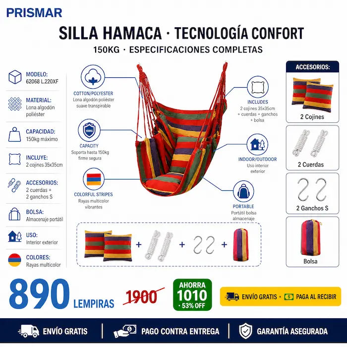 🪑🌴 Silla Hamaca Colgante con Cojines — 2 Colores | Kit Completo Incluido | Hasta 150kg 🌈✨