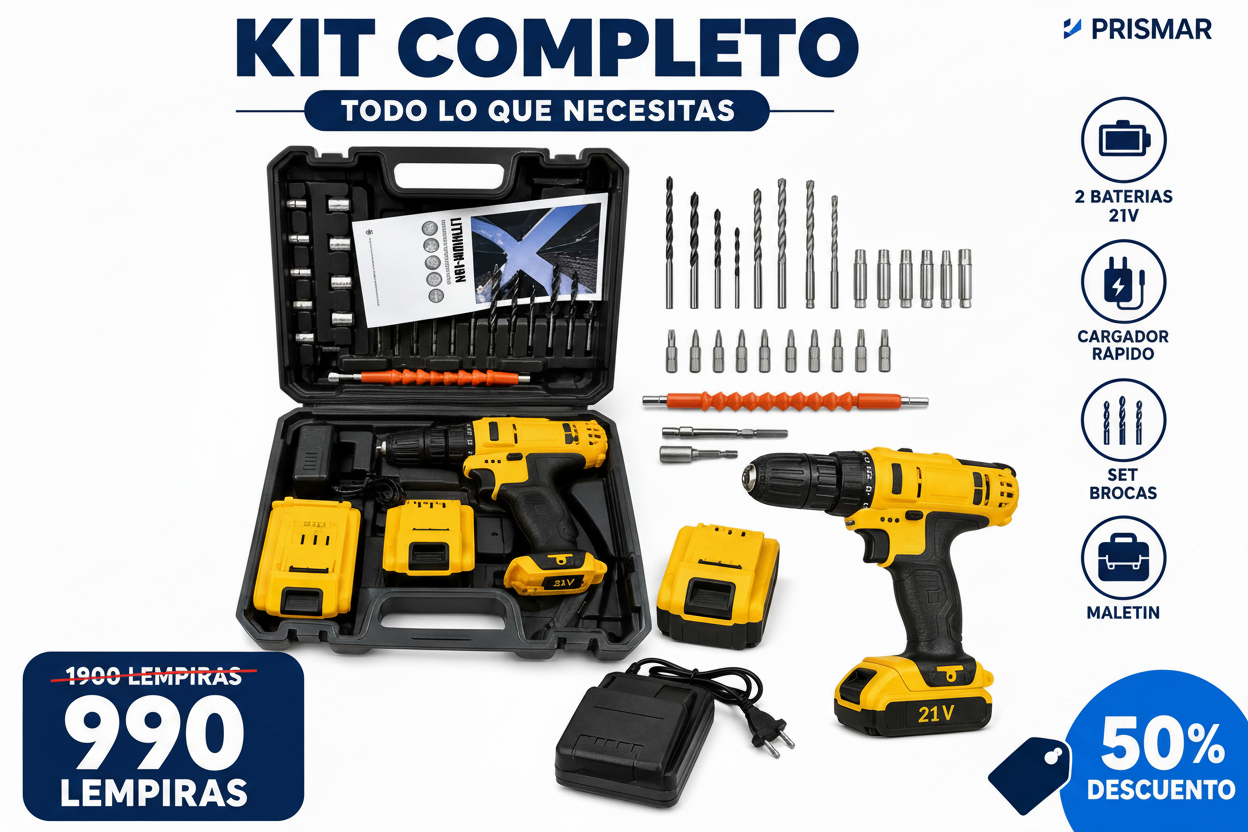 Kit Taladro Inalámbrico 3 en 1 — 21V · 2 Baterías · 35 N.m · Percutor + Taladro + Atornillador