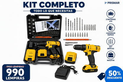 Kit Taladro Inalámbrico 3 en 1 — 21V · 2 Baterías · 35 N.m · Percutor + Taladro + Atornillador