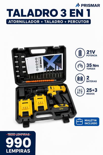 Kit Taladro Inalámbrico 3 en 1 — 21V · 2 Baterías · 35 N.m · Percutor + Taladro + Atornillador