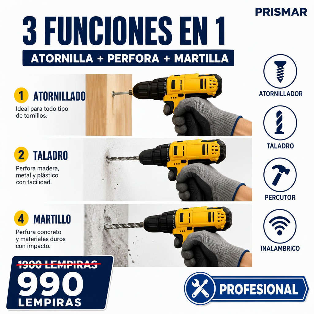 Kit Taladro Inalámbrico 3 en 1 — 21V · 2 Baterías · 35 N.m · Percutor + Taladro + Atornillador