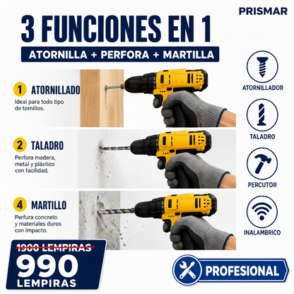 Kit Taladro Inalámbrico 3 en 1 — 21V · 2 Baterías · 35 N.m · Percutor + Taladro + Atornillador