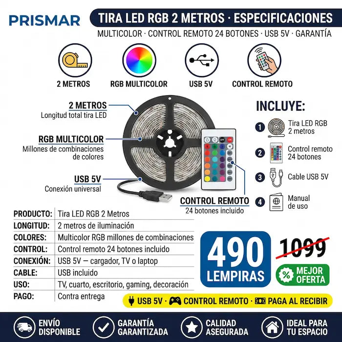 💡🌈 Tira LED RGB con Control Remoto — USB | 360° Multicolor | Para TV, Cuarto y Gaming ✨🎮