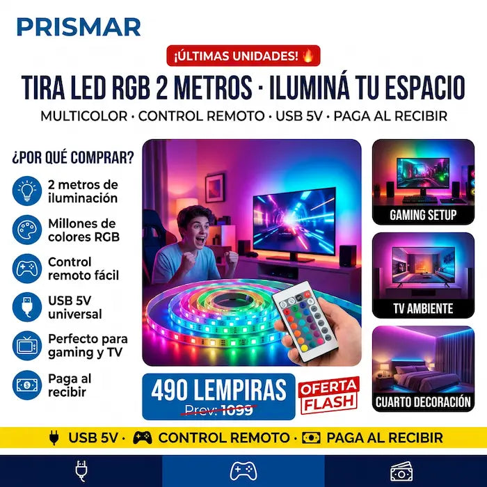 💡🌈 Tira LED RGB con Control Remoto — USB | 360° Multicolor | Para TV, Cuarto y Gaming ✨🎮