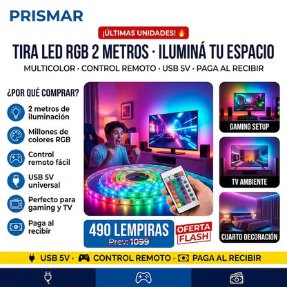 💡🌈 Tira LED RGB con Control Remoto — USB | 360° Multicolor | Para TV, Cuarto y Gaming ✨🎮