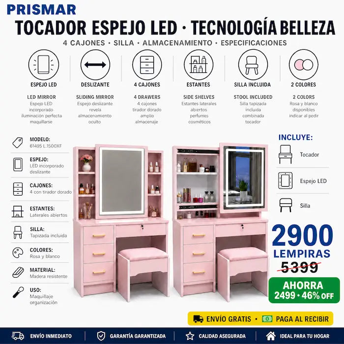 💄✨ Tocador Vanity con Luz LED y Espejo Deslizante — 3 Cajones Dorados | Silla Incluida | Rosa y Blanco 🪑🌸