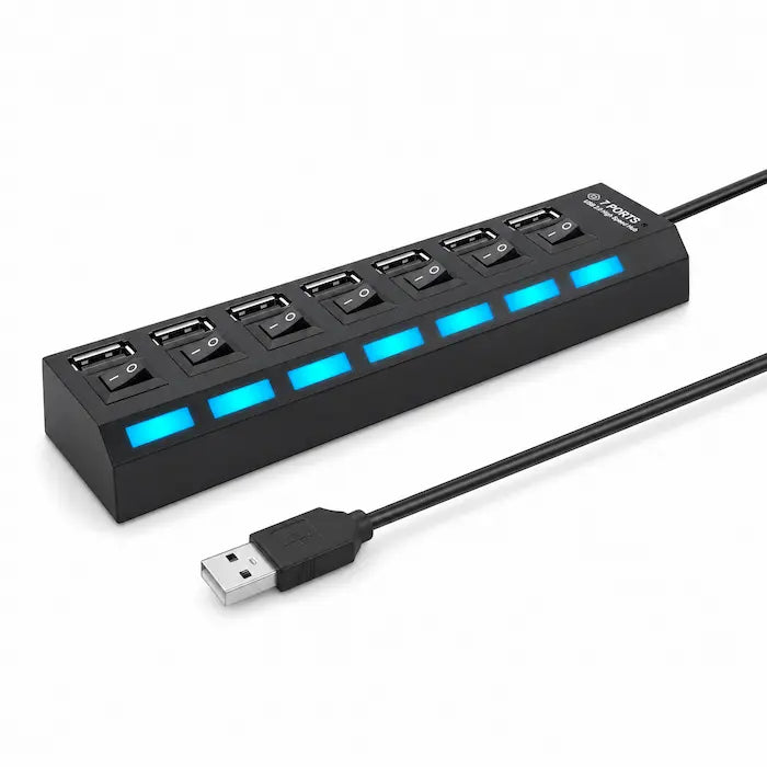💻⚡ Hub USB 7 en 1 con Switch Individual — LED Azul | Plug & Play | Negro o Blanco 🖥️✅
