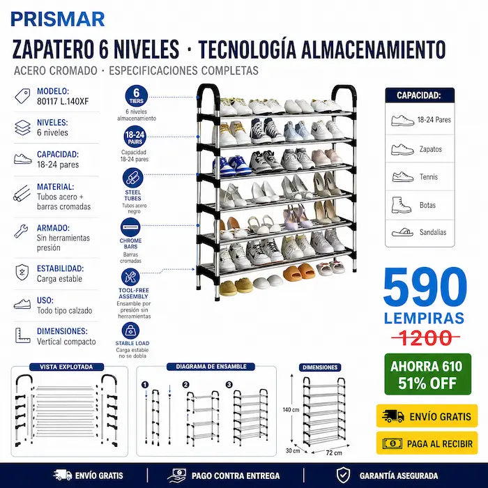 👟🏠 Zapatera Metálica 6 Niveles | Hasta 24 Pares • Armada en 15 Min • Sin Herramientas ⚡✅