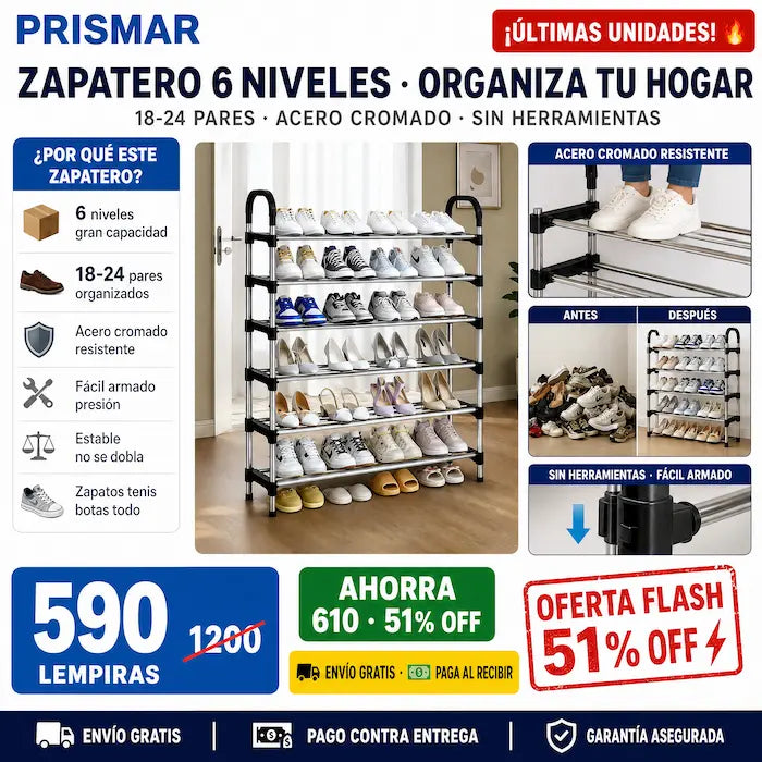 👟🏠 Zapatera Metálica 6 Niveles | Hasta 24 Pares • Armada en 15 Min • Sin Herramientas ⚡✅