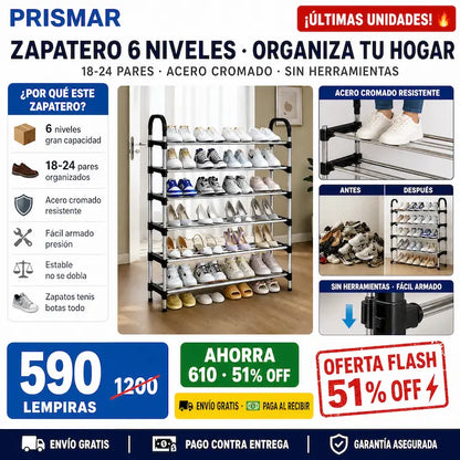 👟🏠 Zapatera Metálica 6 Niveles | Hasta 24 Pares • Armada en 15 Min • Sin Herramientas ⚡✅