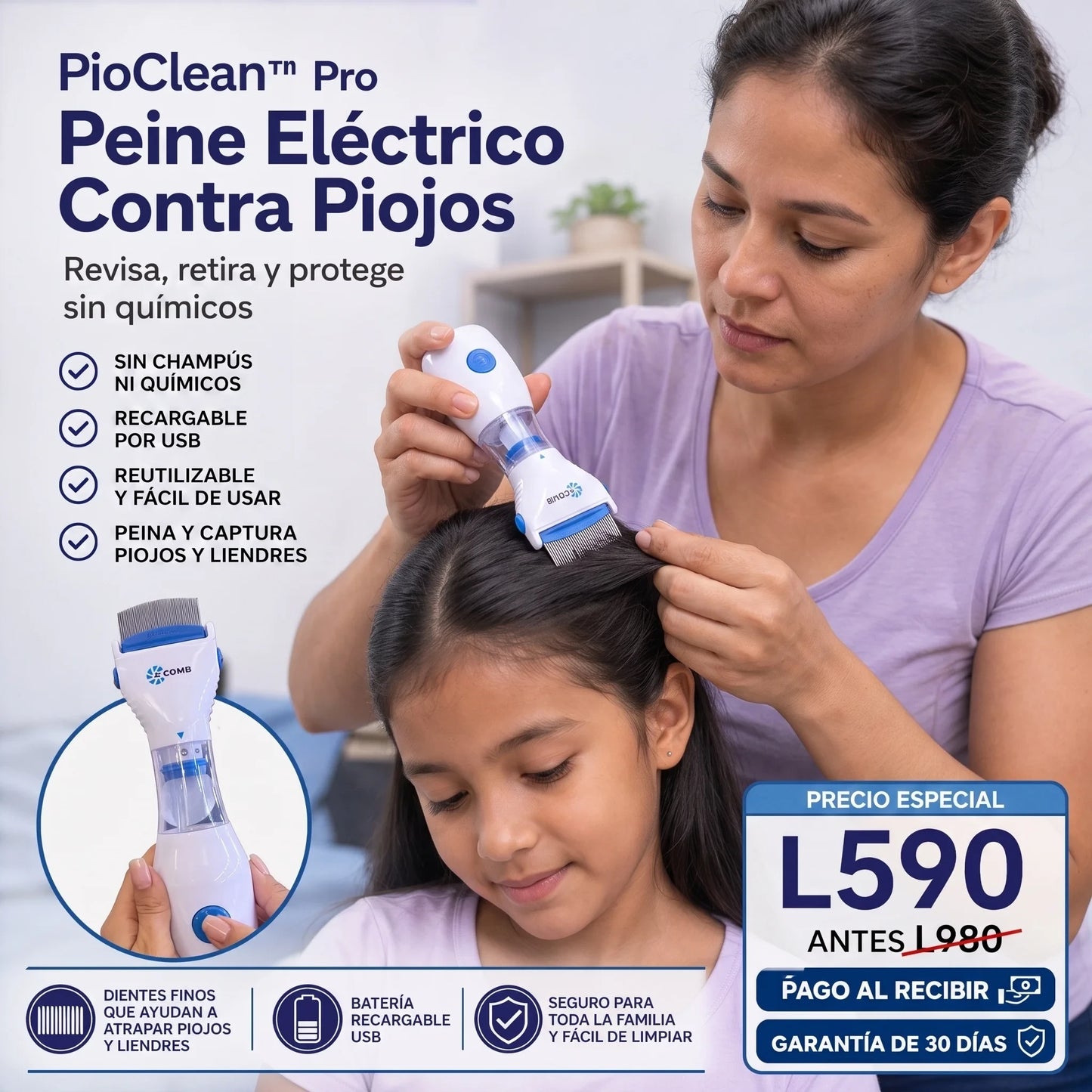 PioClean™ Pro – Eliminador Eléctrico de Piojos y Liendres (Recargable)