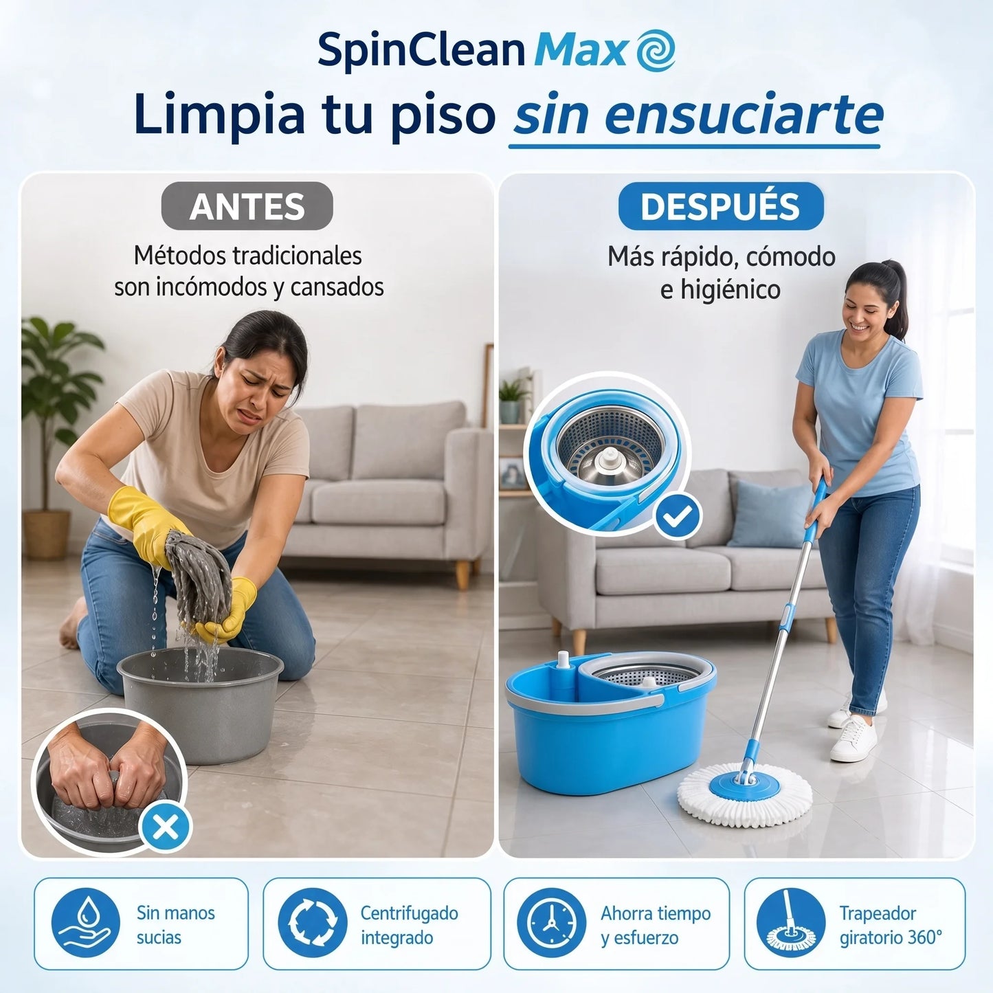 🧹 SpinClean Max — ¡Pisos Impecables Sin Ensuciar las Manos!