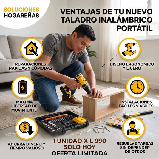 Kit Taladro Inalámbrico 3 en 1 — 21V · 2 Baterías · 35 N.m · Percutor + Taladro + Atornillador
