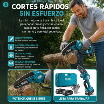 Mini Motosierra Eléctrica 21V — ¡Podá y Cortá con una Sola Mano!