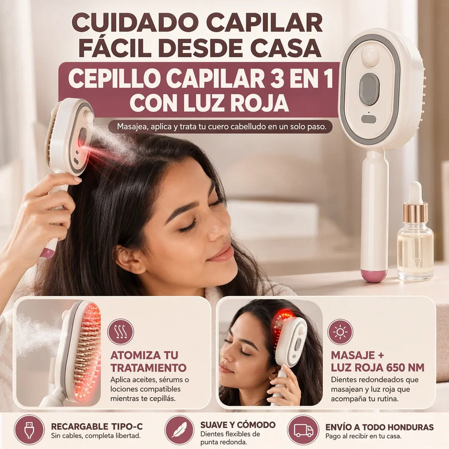 Peine Eléctrico 4 en 1 con Luz Roja, Spray de Aceite y Masaje para el Cabello – Recargable USB-C - imagen 3