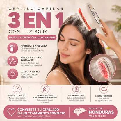 Peine Eléctrico 4 en 1 con Luz Roja, Spray de Aceite y Masaje para el Cabello – Recargable USB-C