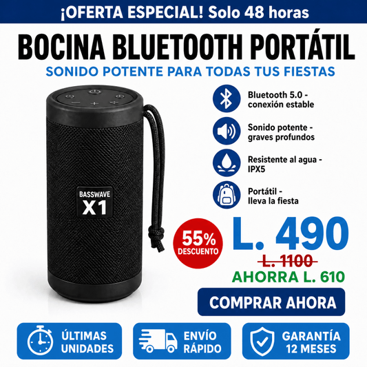 BassWave X1 – Bocina Bluetooth Portátil / Subwoofer para Exteriores - Inversiones Alkosto