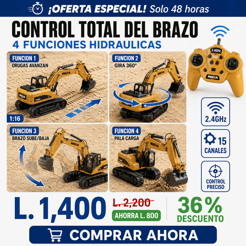 Excavadora RC Metálica con Pala, Luces y Batería Recargable Edición Premium Collecionable Con Garantia 12 meses incluida - Inversiones Alkosto