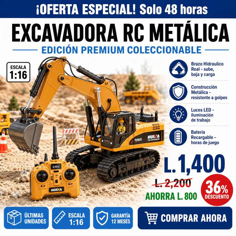 Excavadora RC Metálica con Pala, Luces y Batería Recargable Edición Premium Collecionable Con Garantia 12 meses incluida - Inversiones Alkosto
