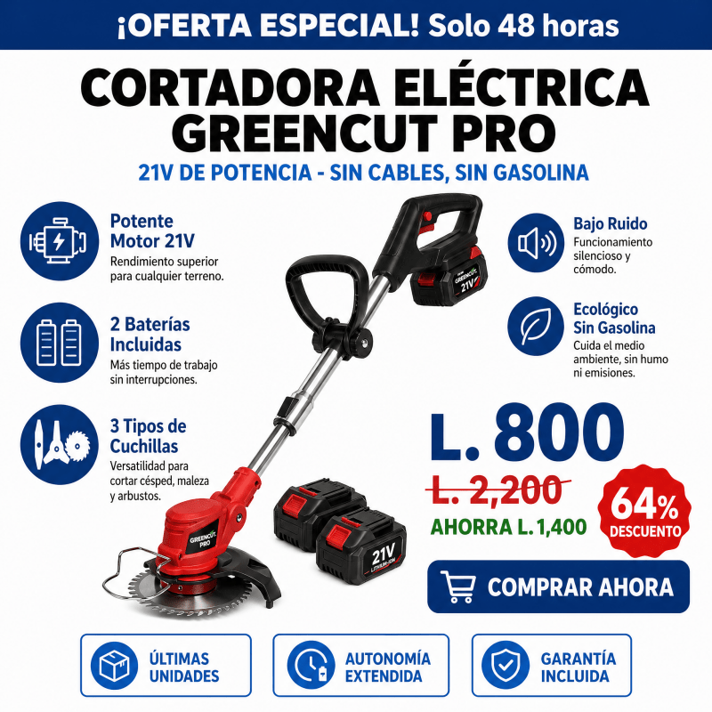 GreenCut Pro™ – Cortadora Eléctrica de Césped Inalámbrica Certificada +2 BATERIAS ALTA DURACIÓN 🛡️ Garantía Incluida · Seguridad Certificada - Inversiones Alkosto