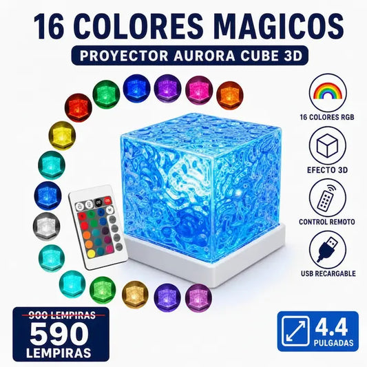 Lámpara Proyectora Galaxia Aurora Cube — 16 Colores · Ondas 3D · Control Remoto · USB