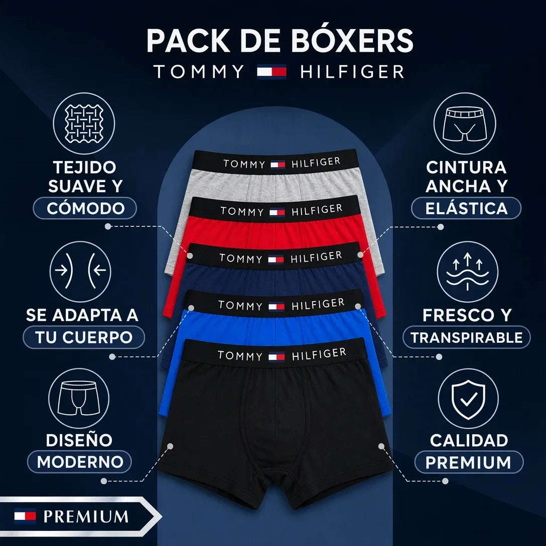 Pack 5 Bóxers Premium TOMMY HILFIGER | Cintura Ancha Elástica · 5 Colores + Pago al Recibir