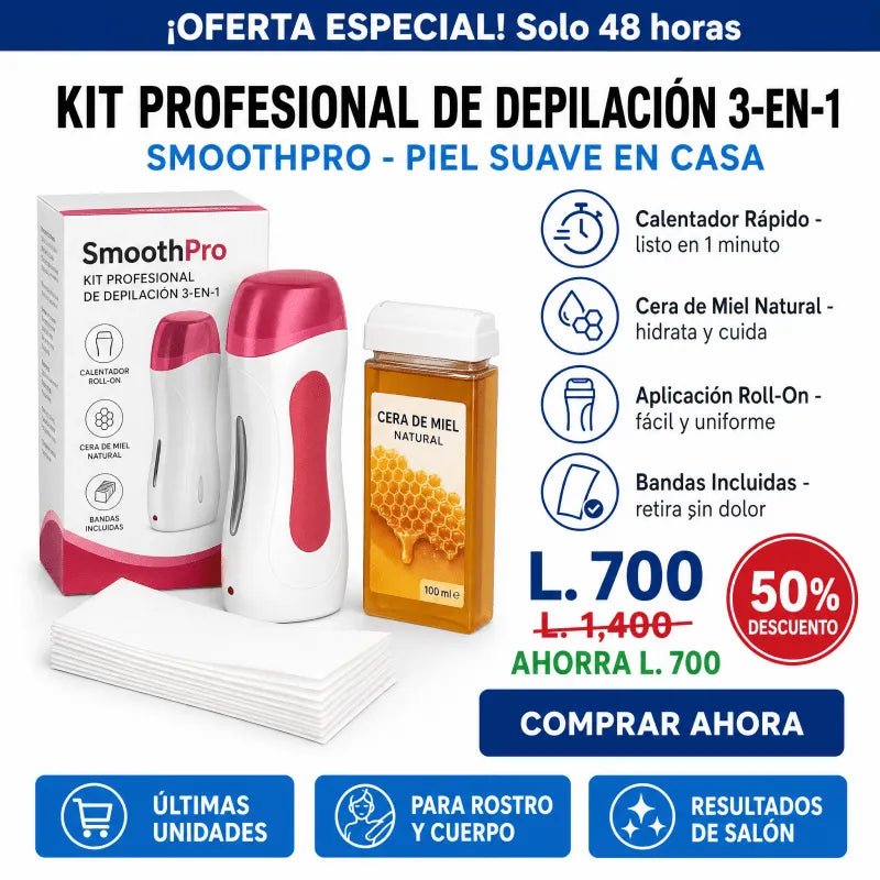 SmoothPro 3-en-1™ – Kit Profesional de Depilación en Casa (Calentador + Roll-On + Bandas)