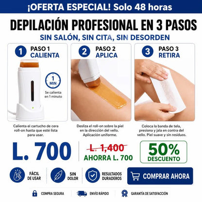 SmoothPro 3-en-1™ – Kit Profesional de Depilación en Casa (Calentador + Roll-On + Bandas)